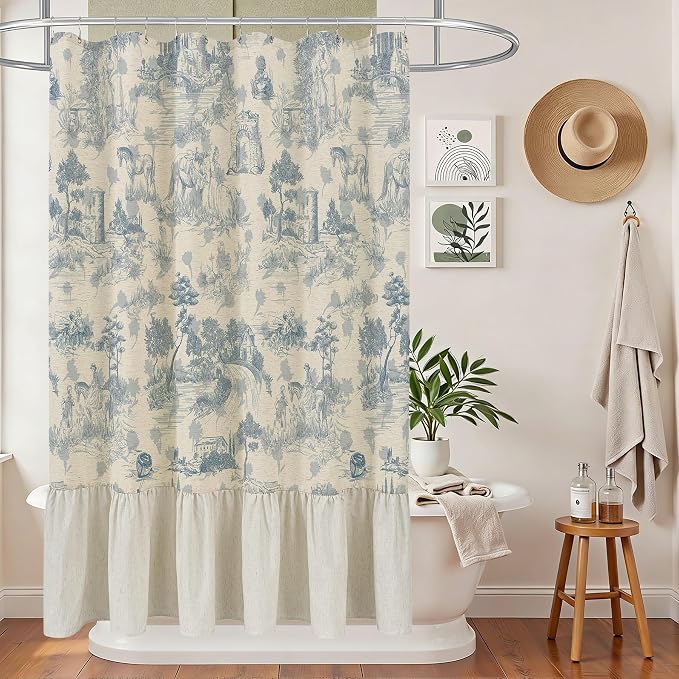 ORTIGIA Ruffle Linen Shower Curtain with Metal Hooks 72x72 Inch, Blue and White Toile de Jouy for Vintage French Country Waterproof Bathroom Decor Chateau Toile Pattern