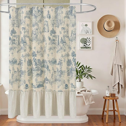 ORTIGIA Ruffle Linen Shower Curtain with Metal Hooks 72x72 Inch, Blue and White Toile de Jouy for Vintage French Country Waterproof Bathroom Decor Chateau Toile Pattern