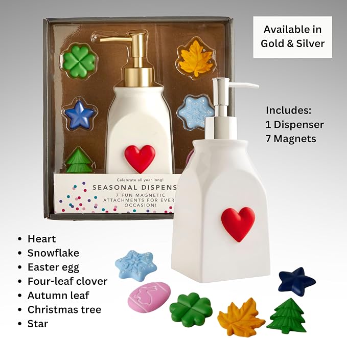 SKL Home Seasonal Soap/Lotion Dispenser Set with 7 Holiday Magnets, Silver | Interchangeable designs to celebrate all year! Gift-ready & great for the bathroom, kitchen, bar or any sink space.