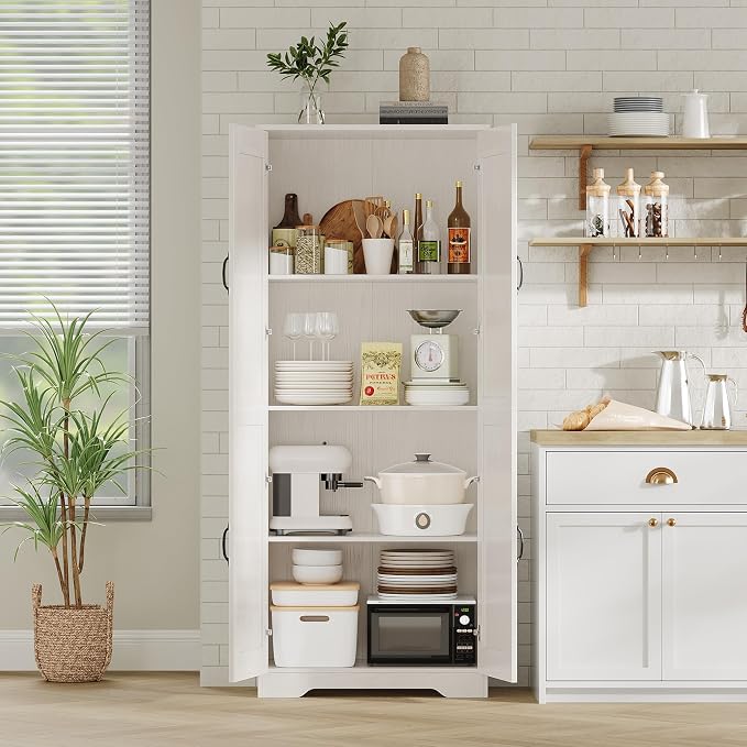 Garvee Kitchen Pantry Cabinet, Freestanding White Pantry Storage Cabinet, 60 in Cupboard, Tall Bathroom Storage Cabinet with 2 Doors and Adjustable Shelves, for Dining Room, Living Room, White | Kitchen Storage Cabinet with 2 Doors & Adjustable Shelves...