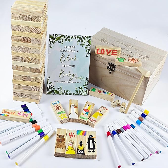 101pcs Fun Baby Shower Games Sign Kit, Baby Blocks for Baby Shower, 2 ways | Blank Wooden Strips, Games for Guest, Funniest Games Ever, Suitable for Boy and Girls, Fun Activities and Ideas