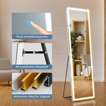 DUMOS LED Mirror Full Length with Stand, 16"x60" Full Body Wall Mirror | LED Lights 3 Color Lighting and Shatterproof Tempered Glass, Wall Hanging or Leaning, Floor Standing, Modern Home Decor