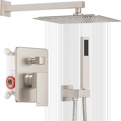 ESNBIA Shower System,10 Inches Shower Faucet Set with Pressure Balance Valve, Rain Shower Head with Handheld Spray Combo, Brushed Nickel