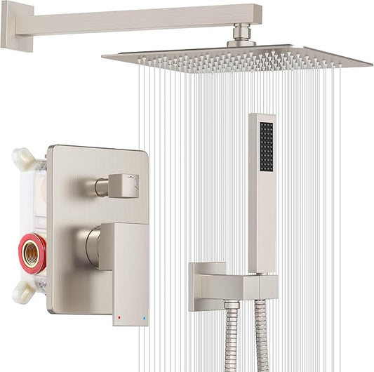 ESNBIA Shower System,10 Inches Shower Faucet Set with Pressure Balance Valve, Rain Shower Head with Handheld Spray Combo, Brushed Nickel