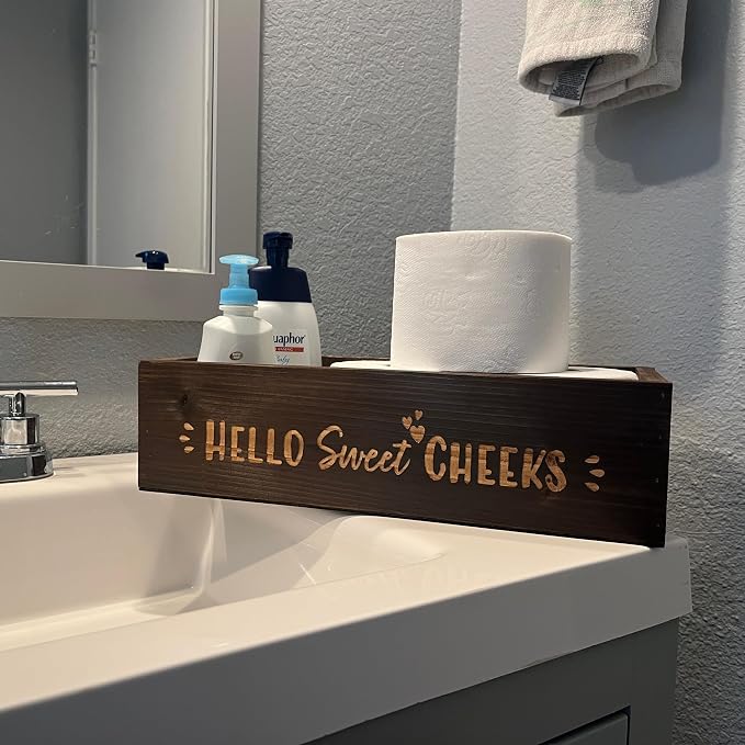 Admired by Nature Hello Sweet Cheeks Solid Wood Toilet Paper Holder, Farmhouse Décor, Toilet Paper Storage, Bathroom Accessories, Bathroom Décor, for Home Décor Bathroom Organizer (Brown)