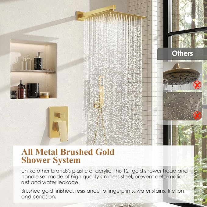 Shower System, Gold Shower Faucet Set with Shower Valve and Trim Kit, 12 Inch Rain Shower Head with Handheld Spray, Brushed Gold Shower Head and Handle Set, High Pressure Shower Head System