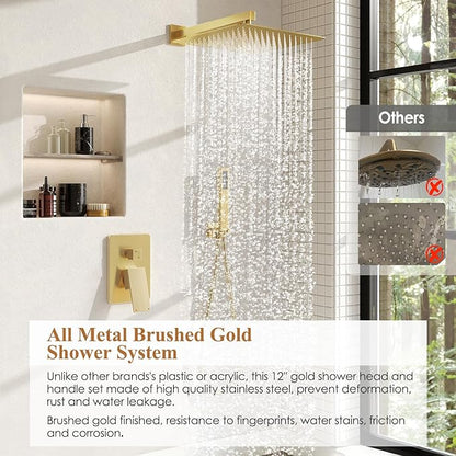 Shower System, Gold Shower Faucet Set with Shower Valve and Trim Kit, 12 Inch Rain Shower Head with Handheld Spray, Brushed Gold Shower Head and Handle Set, High Pressure Shower Head System