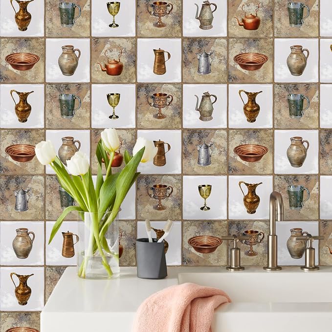 Alwayspon Vinyl Sticker Peel and Stick, Self-Adhesive Wall Tile Transfers Backsplash Sticker Decal for Kitchen Bathroom, 6x6inch/15x15cm 30Pcs, Pots T043
