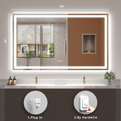 68x40 LED Lighted Bathroom Mirror for Vanity Wall | Front Light and Backlit, Anti-Fog, Memory, 3 Color, Tempered Glass, Dimmable, Rectangular, UL, Horizontal/ Vertical Mounted