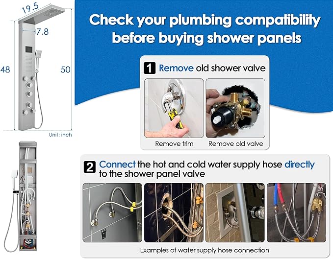 ROVOGO No Battery Needed Shower Panel System with Led Lights MIST & RAIN Shower, Body Jets, Handheld, Tub Spout and Temp Display, Hydroelectric Led Shower Tower Column Stainless Steel Brushed