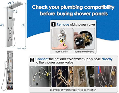 ROVOGO No Battery Needed Shower Panel System with Led Lights MIST & RAIN Shower, Body Jets, Handheld, Tub Spout and Temp Display, Hydroelectric Led Shower Tower Column Stainless Steel Brushed
