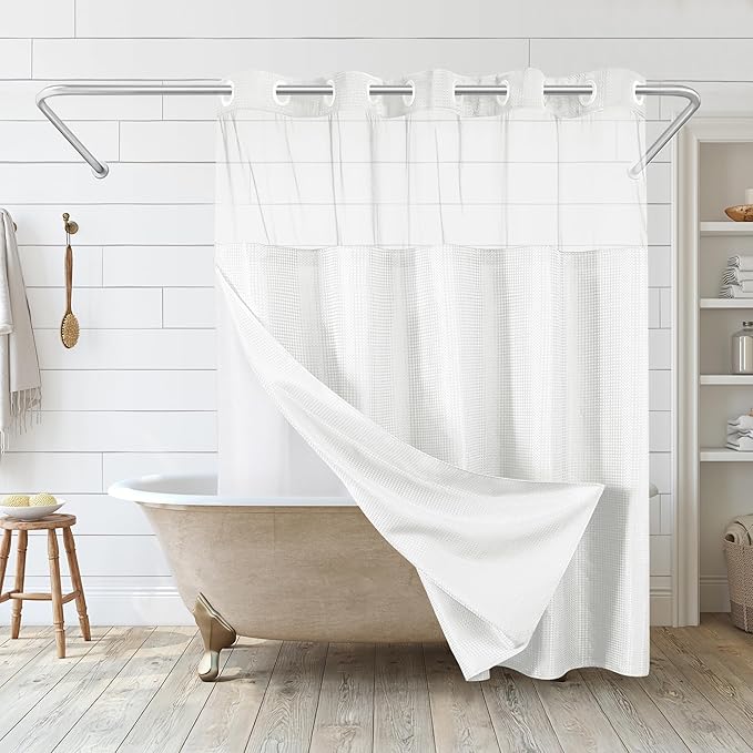 Americanflat 72x75 Hookless Waffle Pattern Shower Curtain - Water-Resistant Long Shower Curtain with Sheer Panel, Snap-in Liner, and Durable Grommets - 100% Polyester - White