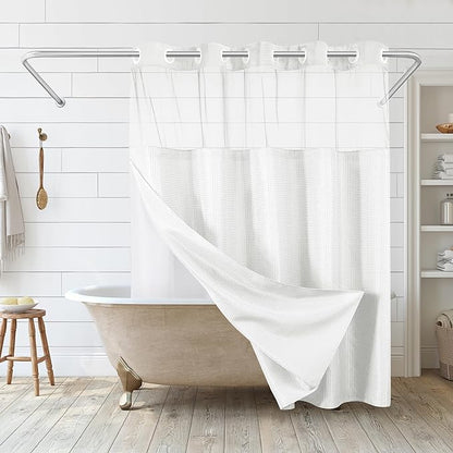 Americanflat 72x75 Hookless Waffle Pattern Shower Curtain - Water-Resistant Long Shower Curtain with Sheer Panel, Snap-in Liner, and Durable Grommets - 100% Polyester - White