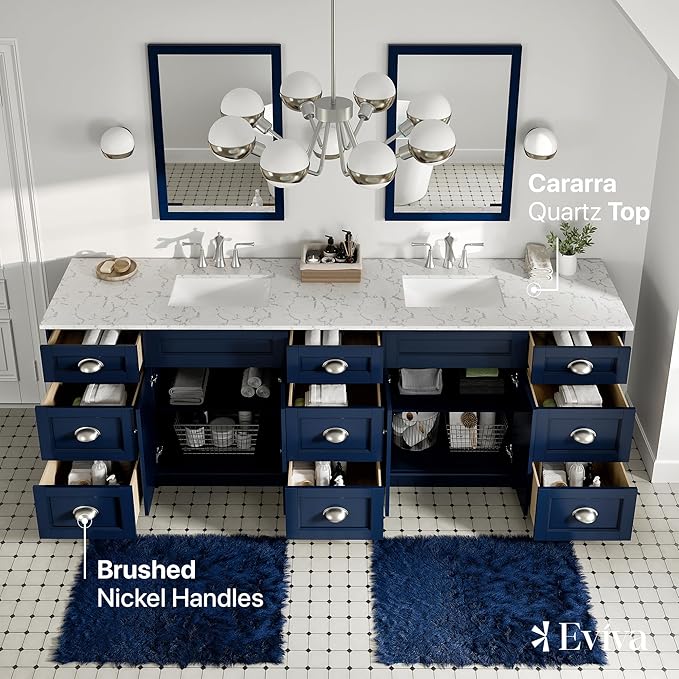 Eviva Epic 96 in. Blue Double Sink Bathroom Vanity with White Carrara Quartz Countertop