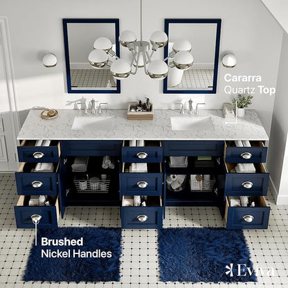 Eviva Epic 96 in. Blue Double Sink Bathroom Vanity with White Carrara Quartz Countertop