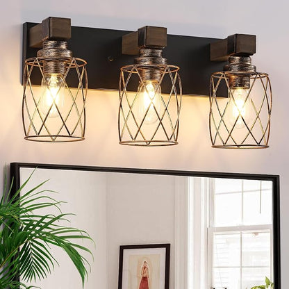 3-Light Black Gold Farmhouse Vanity Light, Wood & Metal Cage Shade | Mounted Over Mirror, Industrial Rustic Style, Ideal for Bathroom, Bedroom, Hallway & Living Room, Easy To Install