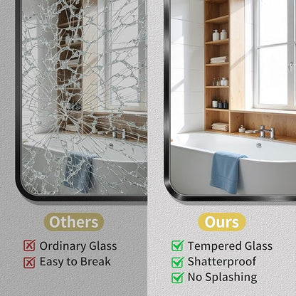 Koonmi Bathroom Mirror, 28X36 Brushed Black Rectangle Wall Mirror, HD Tempered Glass, Anti-Rust Frame Vanity Mirror, Rounded Rectangle Mirror for Restroom, Bedroom, Hangs Horizontal or Vertical