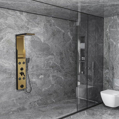 ELLO&ALLO Shower Panel Tower System with Shelf, Rainfall Shower Head and Rain Massage System with Body Jets, Stainless Steel Bathroom Fixtures, Brushed Gold&Black