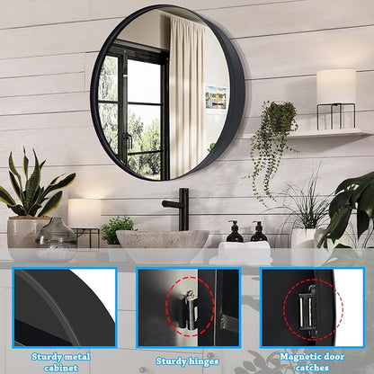 20 x 20 Inch Round Medicine Cabinet with Mirror, Surface Mount Only, Black Metal Frame Bathroom Mirror Cabinet, Modern Shatterproof Vanity Mirror with Storage