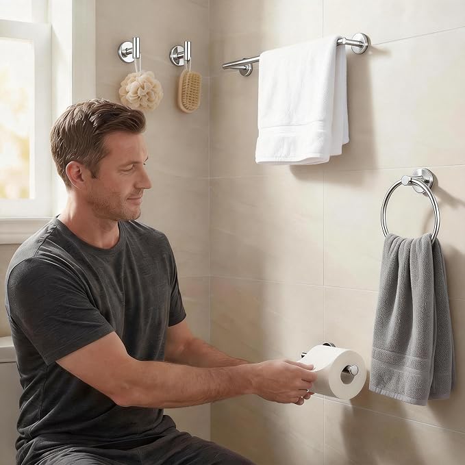 5-Piece Bathroom Hardware Set, Brushed Nickel SUS304 Stainless Steel Bathroom Accessories, 24" Towel Bar, Toilet Paper Holder, Towel Ring & 2 Robe Hooks, Wall Mounted, Rustproof Modern Design