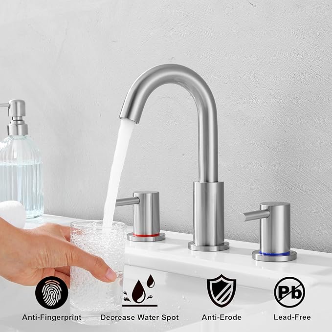 Brushed Nickel Bathroom Faucet 3 Hole, 2 Handle Bathroom Sink Faucet, 8 Inch Widespread Bathroom Faucets, Stainless Steel Vanity Faucet for Bathroom Sink with Pop Up Drain, AML-21754-BN