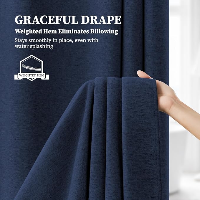 72x90 Linen Textured Waterproof Fabric Shower Curtain Set, Navy Blue | Long Size, 230GSM Polyester, Heavy Duty Cloth, Weighted Hem, 12 Plastic Hooks, Modern Luxury Hotel Style, Machine Washable