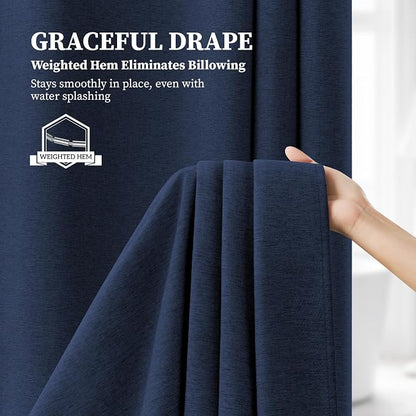 72x90 Linen Textured Waterproof Fabric Shower Curtain Set, Navy Blue | Long Size, 230GSM Polyester, Heavy Duty Cloth, Weighted Hem, 12 Plastic Hooks, Modern Luxury Hotel Style, Machine Washable