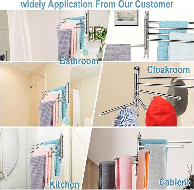 5 Arm Swivel Towel Bar - Heavy Duty SUS304 Stainless Steel Swing Towel Rack for Bathroom, 180° Rotation Wall Mount Towel Holder with Hook, Space-Saving Organizer for Kitchen, Laundry Room