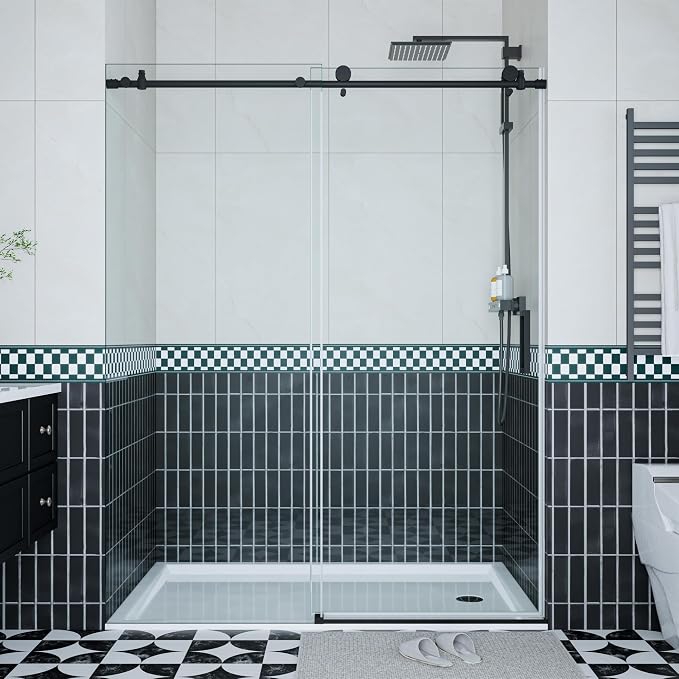Frameless Shower Door 44–48 inch W× 76 inch H, Sliding Shower Door with Fixed Panel, Round Stainless Steel Track,6mm Tempered Glass, Matte Black, Stainless Steel Shower Door for Bathroom Renovation