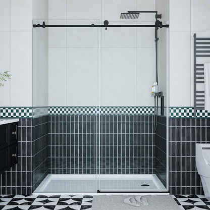 Frameless Shower Door 44–48 inch W× 76 inch H, Sliding Shower Door with Fixed Panel, Round Stainless Steel Track,6mm Tempered Glass, Matte Black, Stainless Steel Shower Door for Bathroom Renovation