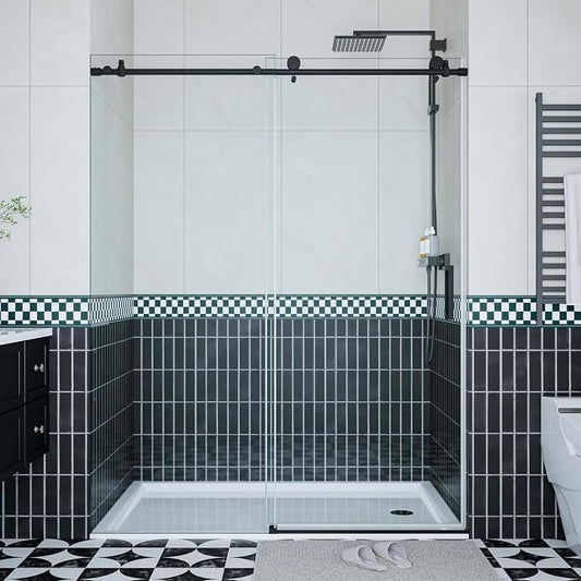 Frameless Shower Door 44–48 inch W× 76 inch H, Sliding Shower Door with Fixed Panel, Round Stainless Steel Track,6mm Tempered Glass, Matte Black, Stainless Steel Shower Door for Bathroom Renovation