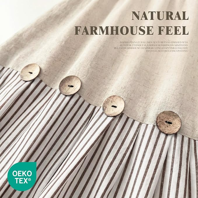 Farmhouse Shower Curtain Linen Beige Button Brown Stripe 60"W x 72"L | Farmhouse Style, Chic Button, Striped, Linen Fabric, Rustic, Country, Natural Look, Washable, for Bathroom Bathtub