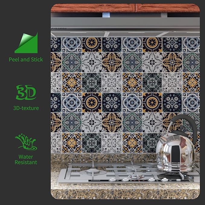 LONGKING Peel and Stick Backsplash Tile Stickers, Blue Moroccan Style Tile for Kitchen, Stick on Wall Tiles (10 Sheets) | Peel and stick backsplash, self-adhesive wall tile, Blue Moroccan, waterproof, kitchen bathroom wall, 10-sheet