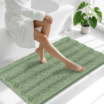 Smiry Thick Chenille Large Bathroom Runner Rugs 40x24, Bath Mat, Sage Green | Quick‑Dry & Machine Washable, Non‑Slip Bath Carpet, Soft Striped Bath Rugs for Tub & Shower, Modern Home Decor Accessories