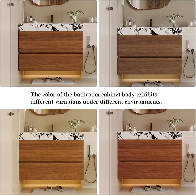 30 inch Modern Floating Bathroom Vanity with Faux Marble Countertop and Ceramic Sink, Wall-Mounted Bathroom Vanity Cabinet with 2 Soft Closing Drawers for Bathroom, Powder Room, Apartment, Walnut