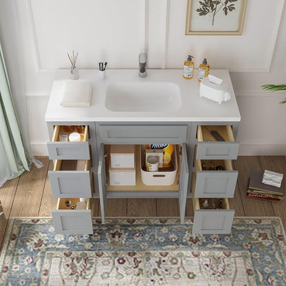 60 Inch Bathroom Vanity Base Only, Single Vanity Cabinet with 5 Dove-Tailed Drawers, Soft-Closing Doors, Gray, Without Top,Small