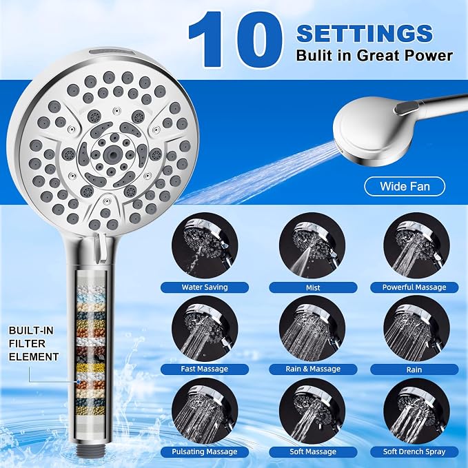 Metal 10" Filtered Rainfall Showerhead Combo, Easy Reach, Chrome | 4-Way Diverter with Pause Mode, High Pressure Shower Head with 10-Spray Handheld, 71" Hose/12" Extension Arm/Holder