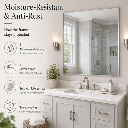36"x36" Brushed Nickel Framed Square Bathroom Vanity Wall Mirror | Accent Wall Mirror, Square Geometric Look, Slim Metal Frame, Living Room or Entryway, Keyhole Mount, Tempered Glass