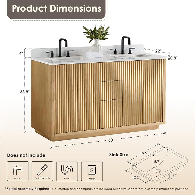 60 In Bathroom Vanities Double Sink Vanity with Ceramic Sinks Countertop | Pre-Assembled, Backsplash Included, Sturdy Solid Wood, Large Storage Cabinet, Soft Closing Doors, Dovetail Drawers