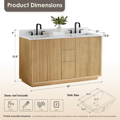 60 In Bathroom Vanities Double Sink Vanity with Ceramic Sinks Countertop | Pre-Assembled, Backsplash Included, Sturdy Solid Wood, Large Storage Cabinet, Soft Closing Doors, Dovetail Drawers