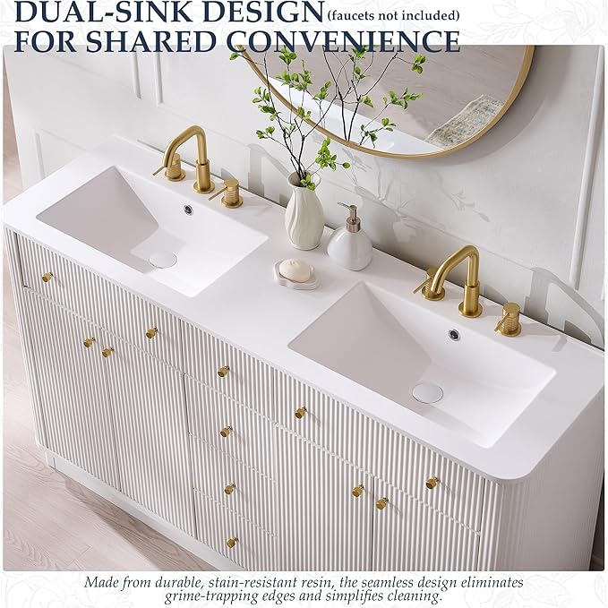 T4TREAM 60 Inch Bathroom Vanity with Sink, Modern Fluted Large Double Sink Bathroom Vanity with 2 Storage Cabinets, Adjustable Shelf, and 3 Small Drawers, Solid White