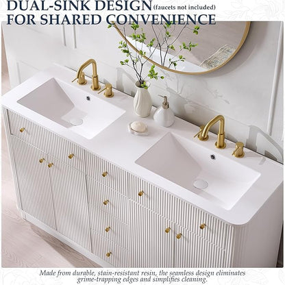 T4TREAM 60 Inch Bathroom Vanity with Sink, Modern Fluted Large Double Sink Bathroom Vanity with 2 Storage Cabinets, Adjustable Shelf, and 3 Small Drawers, Solid White