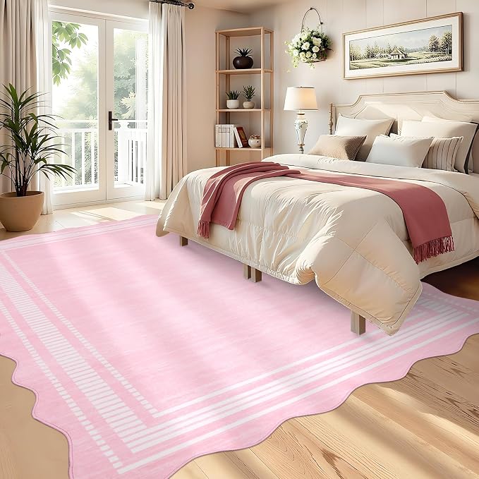 Garvee Modern Scalloped Rug 9x12 Washable Rugs Pink Girls Rugs | Girls Rug for Bedroom, Non-Slip Soft Carpet for Bedroom, Scalloped Low-Pile Print Accent Rug for Dining Room Home Office