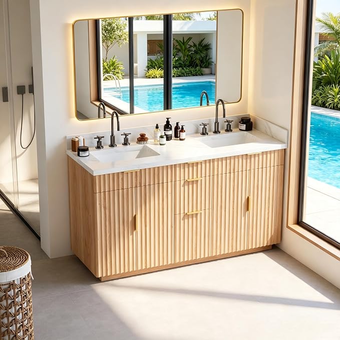 60 inch Double Sink Bathroom Vanity with Countertop,2 Rectangular Porcelain Sink, Solid Wood, 1.5 inch Carrara White Quartz, 4 Soft Closing Doors,3 Dovetail Drawers,2 Tilt Drawer