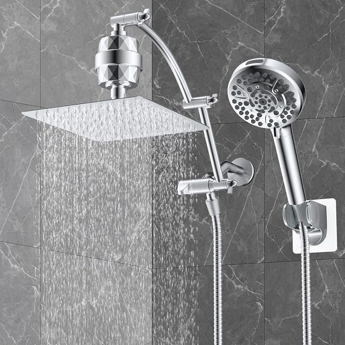 Hibbent 10" Dual Filtered Shower Head Combo, 10-spray Handheld, Chrome | All Metal High Pressure Rainfall Shower Head Combo with Filter, 16" Extension Arm, 3-way Diverter, 71" Hose & Shower Holder