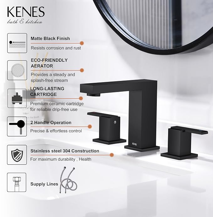 Matte Black Widespread Bathroom Faucet 3 Hole Vanity Faucet 2 Handle | Bathroom Sink Faucet with Pop Up Drain & Supply Lines, Lead-Free cUPC & NSF Certified, 8 Inch Faucet for Vanity Restroom Sink