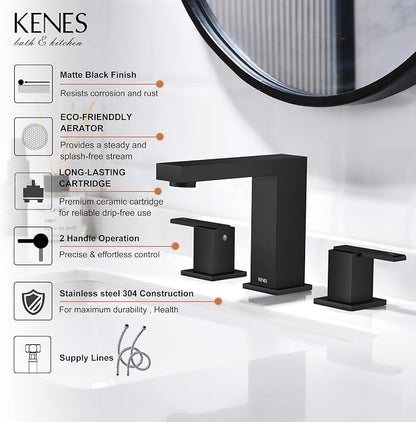 Matte Black Widespread Bathroom Faucet 3 Hole Vanity Faucet 2 Handle | Bathroom Sink Faucet with Pop Up Drain & Supply Lines, Lead-Free cUPC & NSF Certified, 8 Inch Faucet for Vanity Restroom Sink