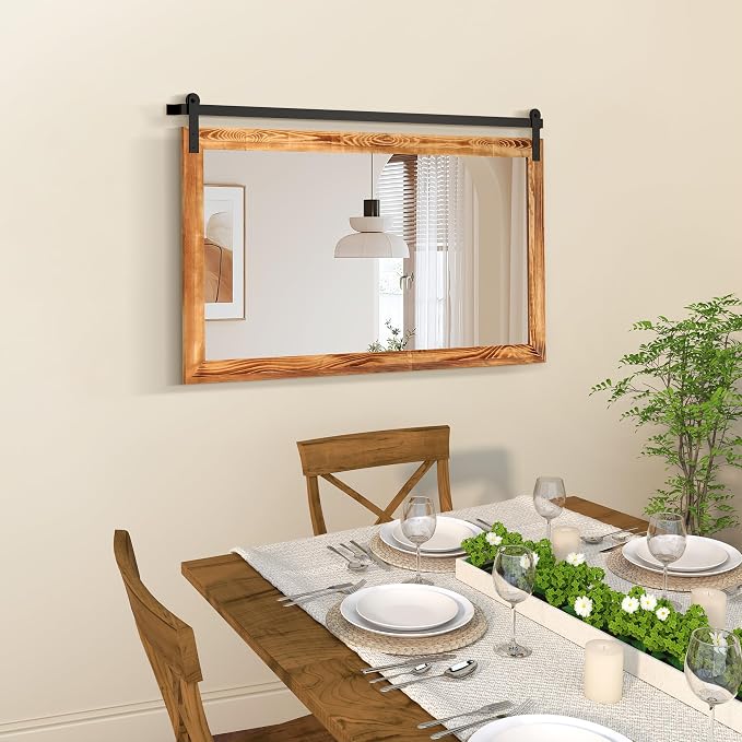 COGOOD Farmhouse Bathroom Mirrors for Over Sink - 30 x 45 Brown | Rustic Barn Door Wood Framed Vanity Mirror for Entryway, Living Room, Bedroom, Dresser Wall Decor