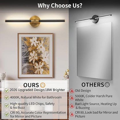 2026 Upgrade Black and Gold Vanity Light, 18W Brighter 24" Gold Bathroom Light Fixtures Linear Modern LED Bathroom Vanity Lighting Fixtures Over Mirror Light Bar Sconce, 360° Rotable 4000K CRI 90+