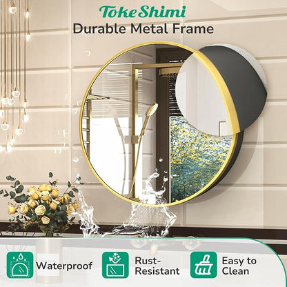 TokeShimi 24 Inch Round Bathroom Medicine Cabinet with Mirror Surface Mount Only Circular Gold Framed Farmhouse Medicine Cabinets for Wall Small Circle Mirrored Bath Cabinet with Vanity Mirror